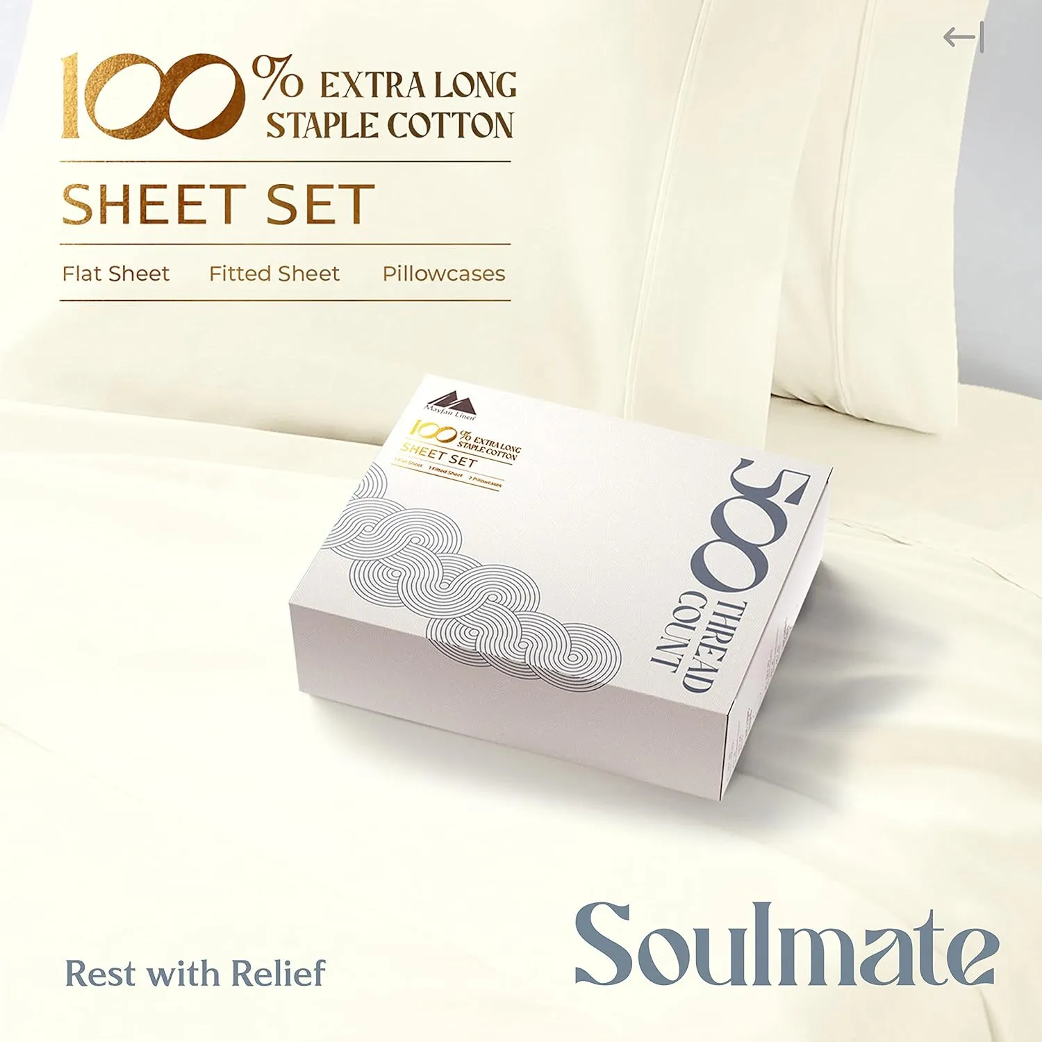 Mayfair Linen 100% Cotton Split King Sheets Sets for Adjustable Bed - 500 Thread Count Sleep Number Sheets Split Top King Size, 5 PC Set (Ivory), Soft, Cooling, 16" Deep Pocket Sateen Weave Bedsheet