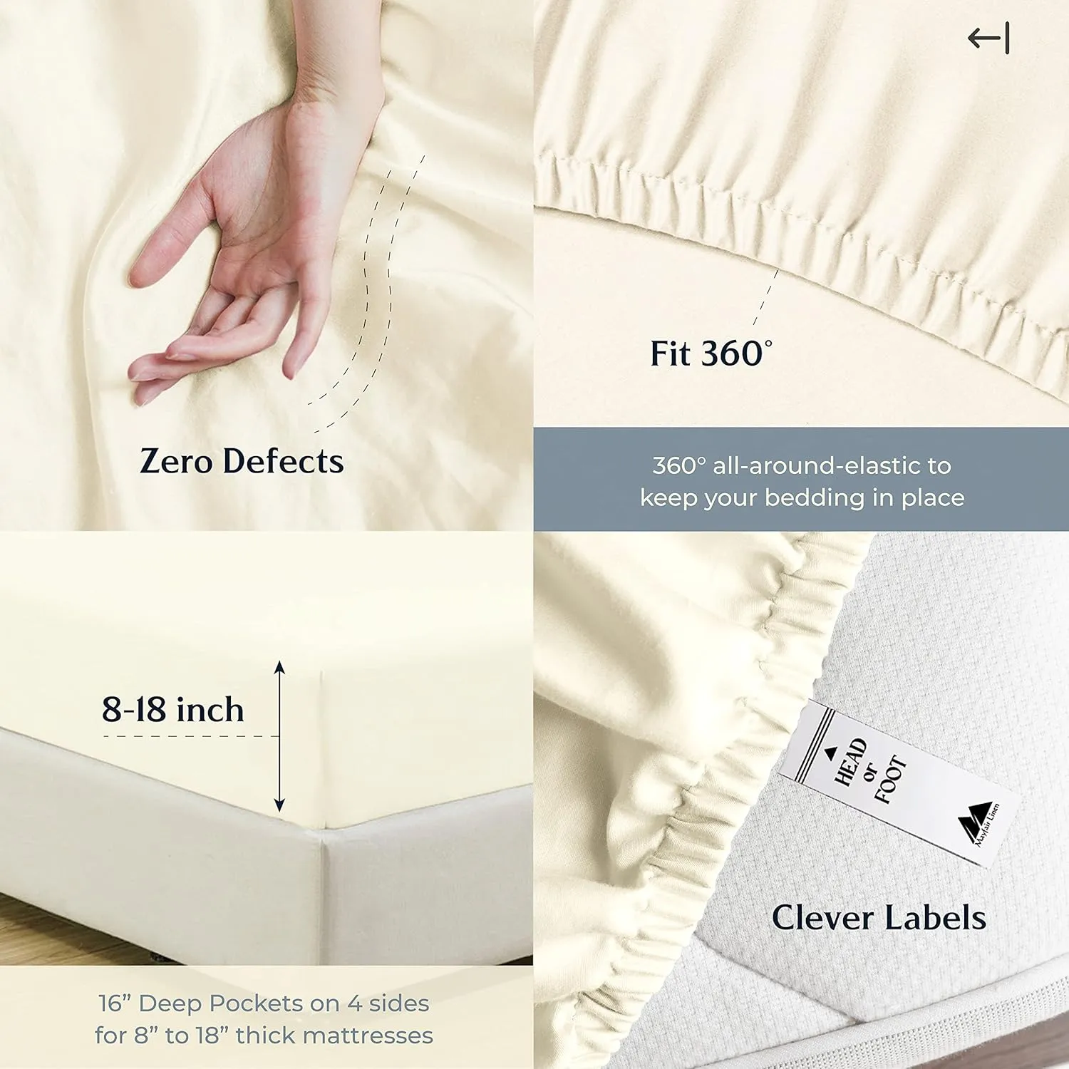 Mayfair Linen 100% Cotton Split King Sheets Sets for Adjustable Bed - 500 Thread Count Sleep Number Sheets Split Top King Size, 5 PC Set (Ivory), Soft, Cooling, 16" Deep Pocket Sateen Weave Bedsheet