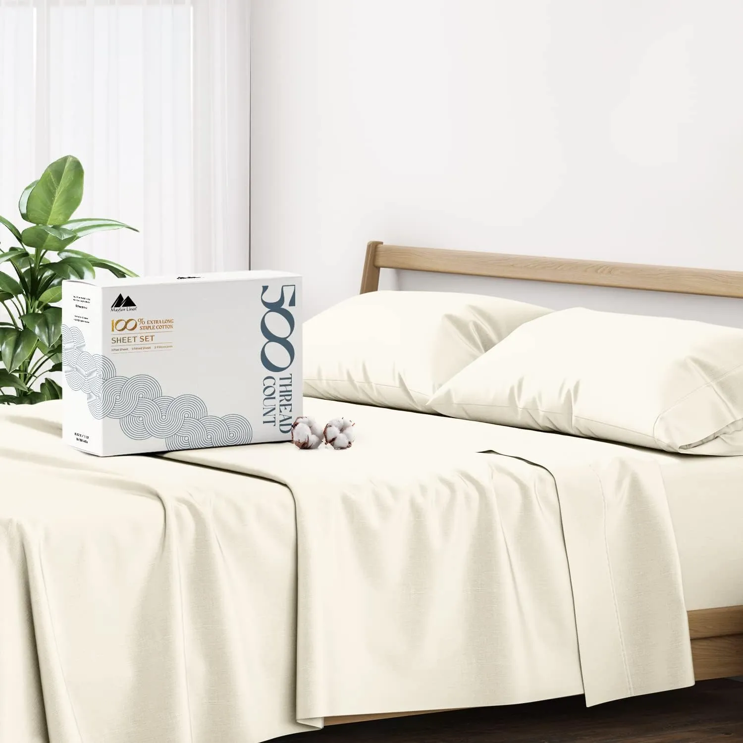 Mayfair Linen 100% Cotton Split King Sheets Sets for Adjustable Bed - 500 Thread Count Sleep Number Sheets Split Top King Size, 5 PC Set (Ivory), Soft, Cooling, 16" Deep Pocket Sateen Weave Bedsheet