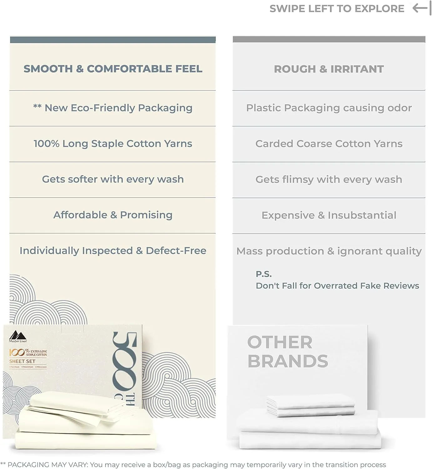 Mayfair Linen 100% Cotton Split King Sheets Sets for Adjustable Bed - 500 Thread Count Sleep Number Sheets Split Top King Size, 5 PC Set (Ivory), Soft, Cooling, 16" Deep Pocket Sateen Weave Bedsheet