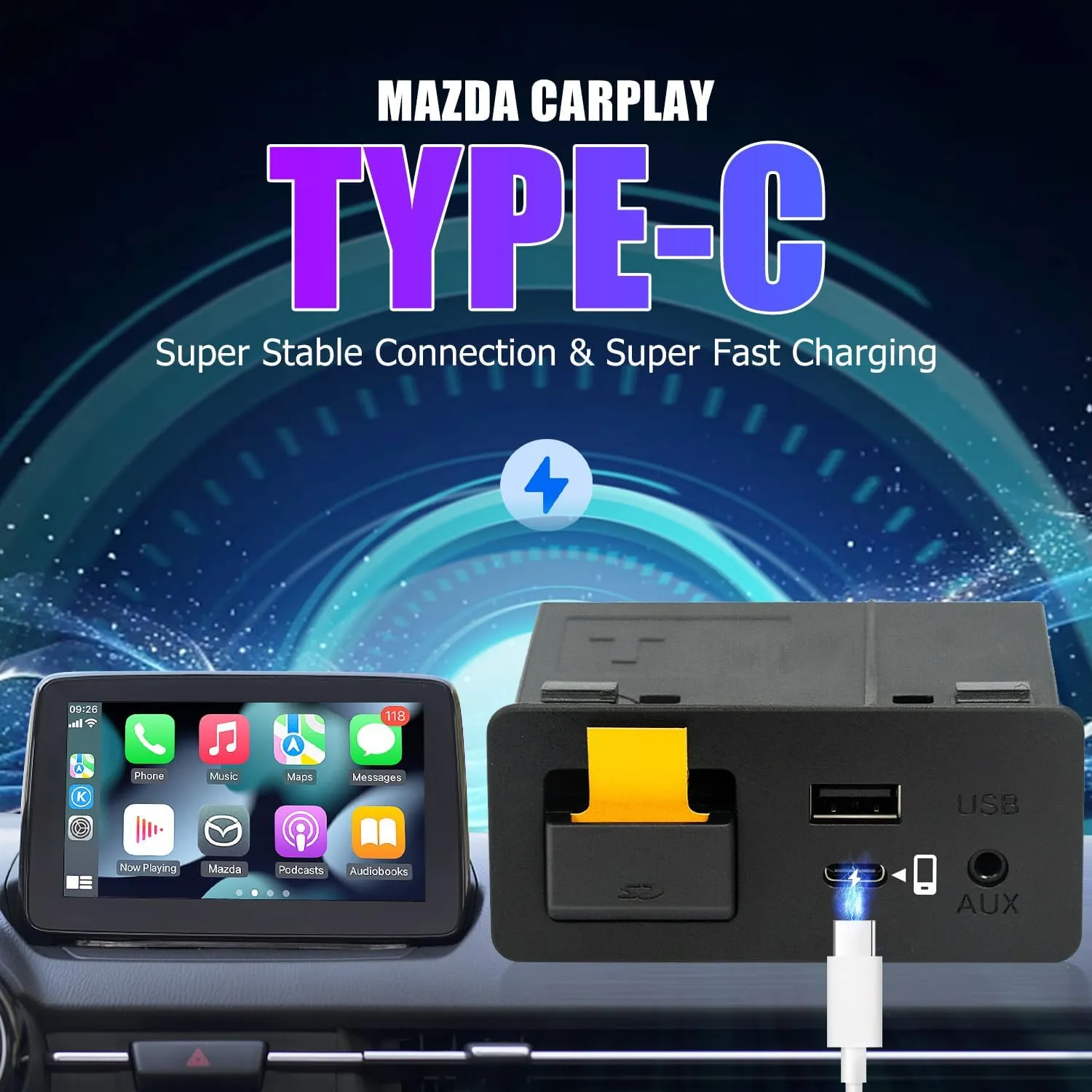 Mazda Carplay and Android Auto Retrofit Kit, TK78-66-9U0C OEM Media Hub Fits to MZD Connect System, Compatible with Mazda 2/3/6/CX3/CX5/CX9/MX5 2015-2020 Year(Type-c Fast Charging Interface)