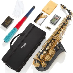 Mendini By Cecilio Alto Saxophone for Beginners, E Flat Tenor Saxophone for Students Musicians with Tuner, Mouthpiece, Case, 10 Reeds, Grease, Cleaning Cloth & Rod, Gloves, Strap, Book (Black Gold)