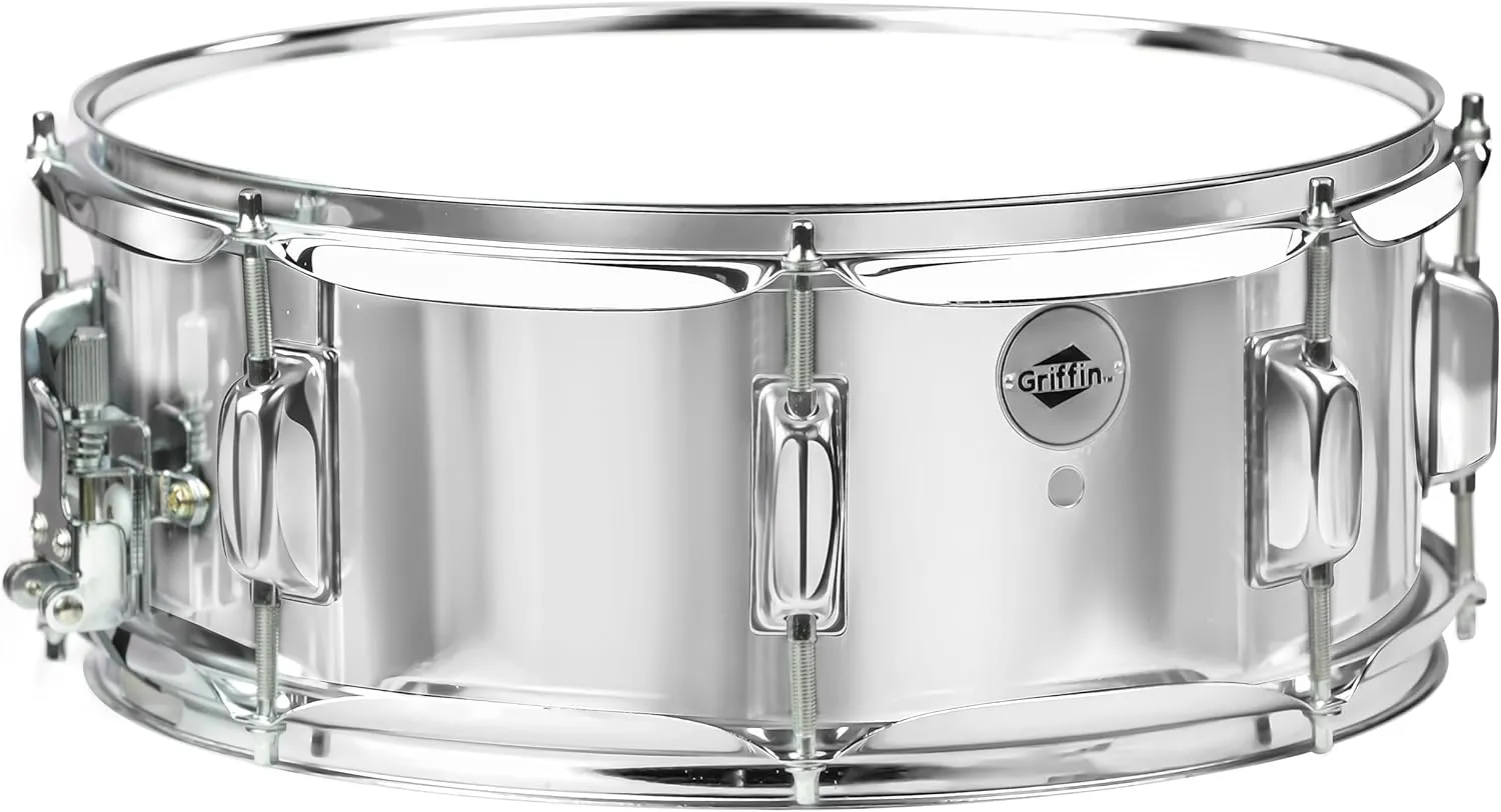 Metal Snare Drum by GRIFFIN | 14" x 5.5" inch Steel Chrome Shell | 8 Tuning Lugs & Snare Throw Off Strainer Set | Musical Instrument Kit & Drummers Key | Marching Percussion Hardware & Drum White Head