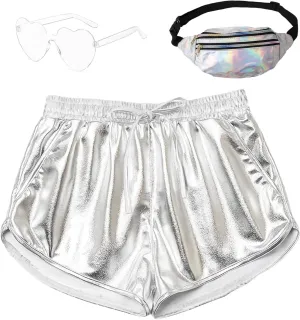 Metallic Shorts for Women Elastic Drawstring Shiny Hot Short Sparkly Rave Party Pants with Sunglasses