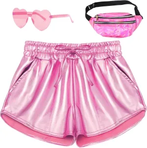 Metallic Shorts for Women Elastic Drawstring Shiny Hot Short Sparkly Rave Party Pants with Sunglasses