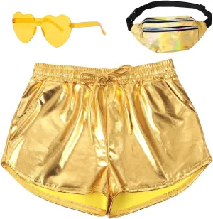 Metallic Shorts for Women Elastic Drawstring Shiny Hot Short Sparkly Rave Party Pants with Sunglasses