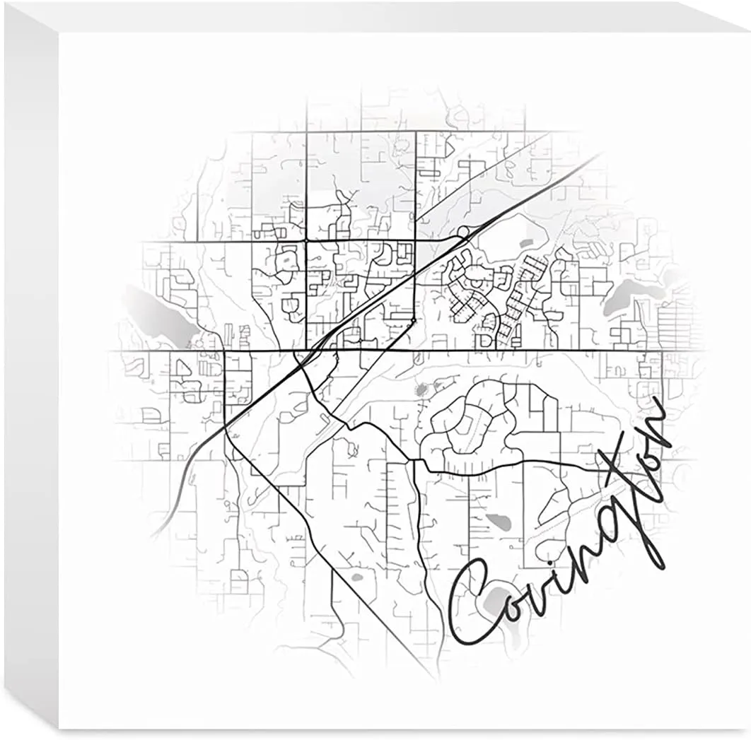 Minimalistic B&W Washington Covington Circle Map, Joyride Home Decor, Wood Block Sign, 5"x5" Freestanding, Shelf or Wall Displayed, Artist Designed Home Décor.