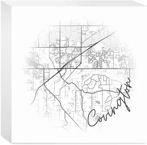 Minimalistic B&W Washington Covington Circle Map, Joyride Home Decor, Wood Block Sign, 5"x5" Freestanding, Shelf or Wall Displayed, Artist Designed Home Décor.