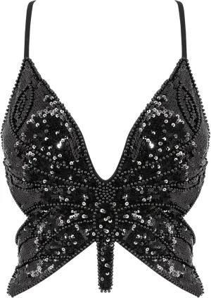 Mocure Womens Glitter Sequin Butterfly Crop Top Low-Cut Tank Top Rave Tube Vest Top for Belly Dance Costume Outfits