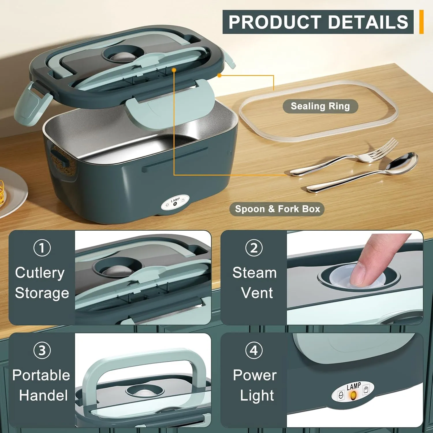 Monteka Electric Lunch Box Food Heater - Leakproof Portable Food Warmer heated lunch box for adults for Car/Home/Truck with 1.5L Removable Stainless Steel Container, White Elephant Gift, 12V/24V/110V