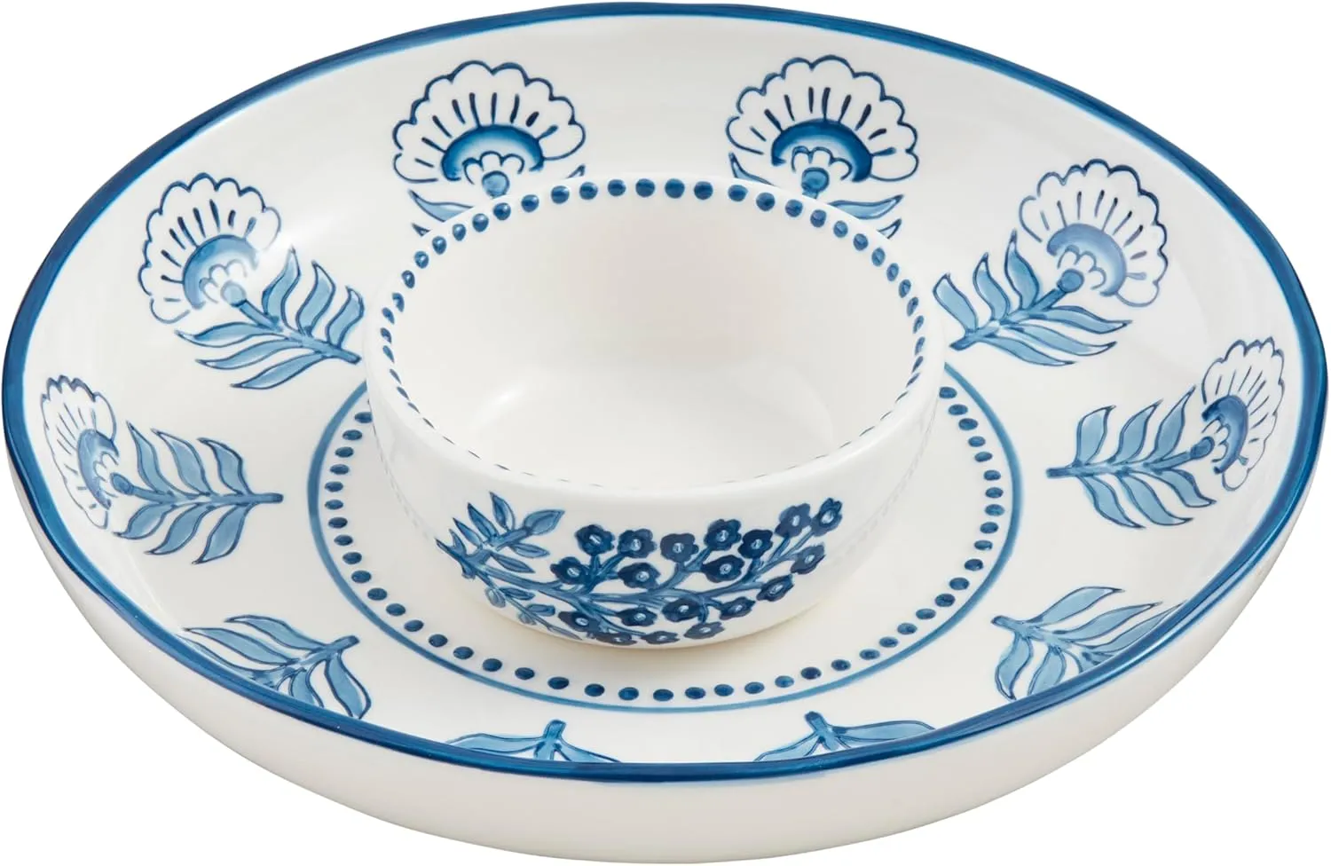 Mud Pie 1 3/4" x 10 2" x 4 1/2" Dia Block Print Chip and Dip, Blue