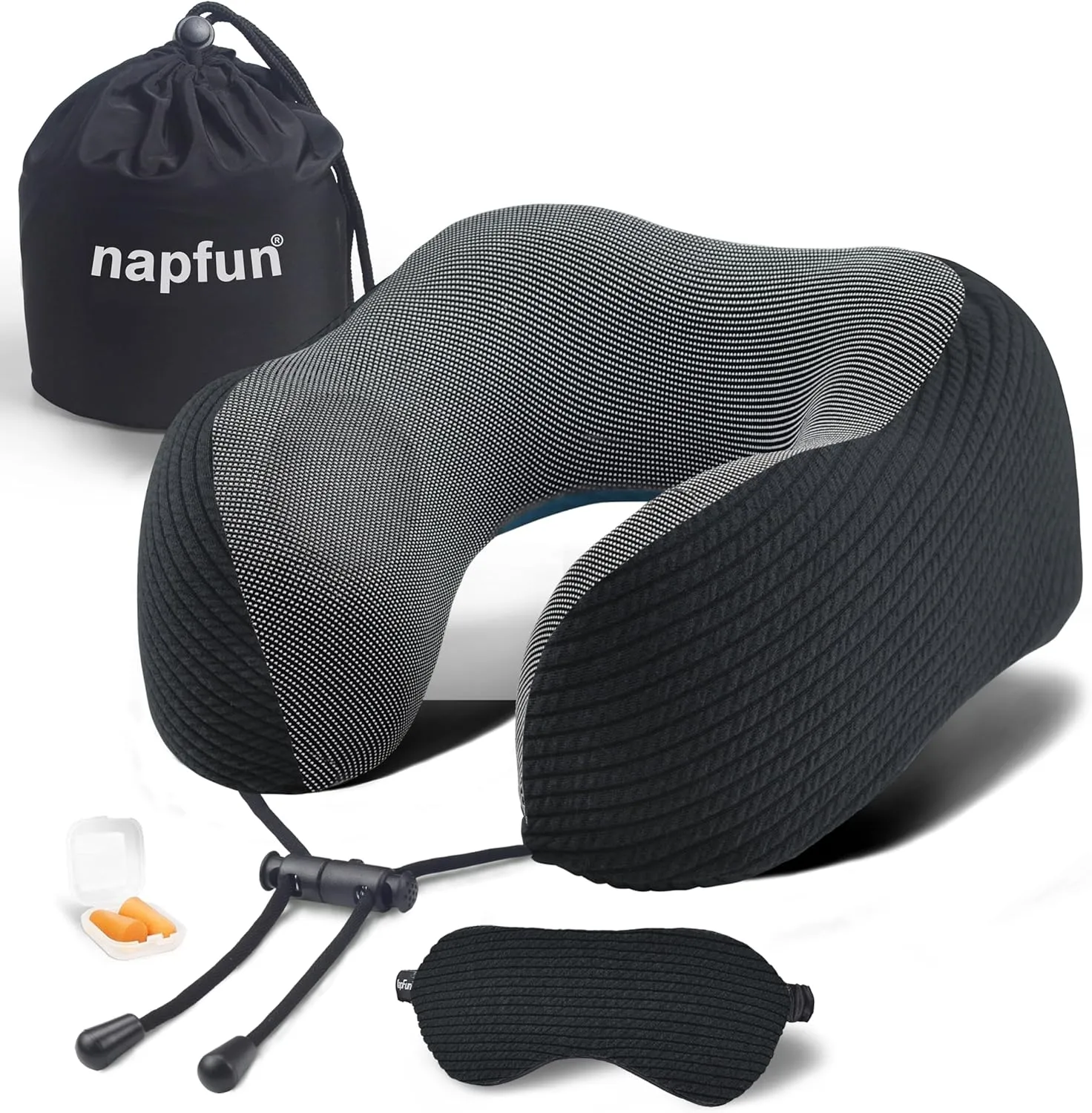 napfun Neck Pillow for Traveling, Upgraded Travel Neck Pillow for Airplane 100% Pure Memory Foam Travel Pillow for Flight Headrest Sleep, Portable Plane Accessories, Striped Black