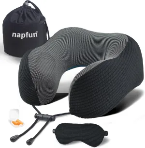 napfun Neck Pillow for Traveling, Upgraded Travel Neck Pillow for Airplane 100% Pure Memory Foam Travel Pillow for Flight Headrest Sleep, Portable Plane Accessories, Striped Black