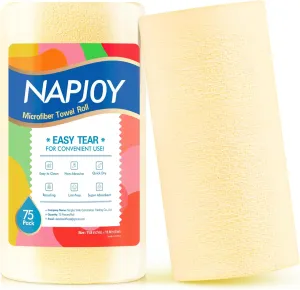 Napjoy Microfiber Cleaning Cloth Roll, 75PK Easy Tear Away Reusable Paper Towels, 11.8" x 11.8", Ultra Soft Micro Fiber Dish Cloths for Kitchen, Housekeeping, Window, Car, Garden, Bathroom, Yellow