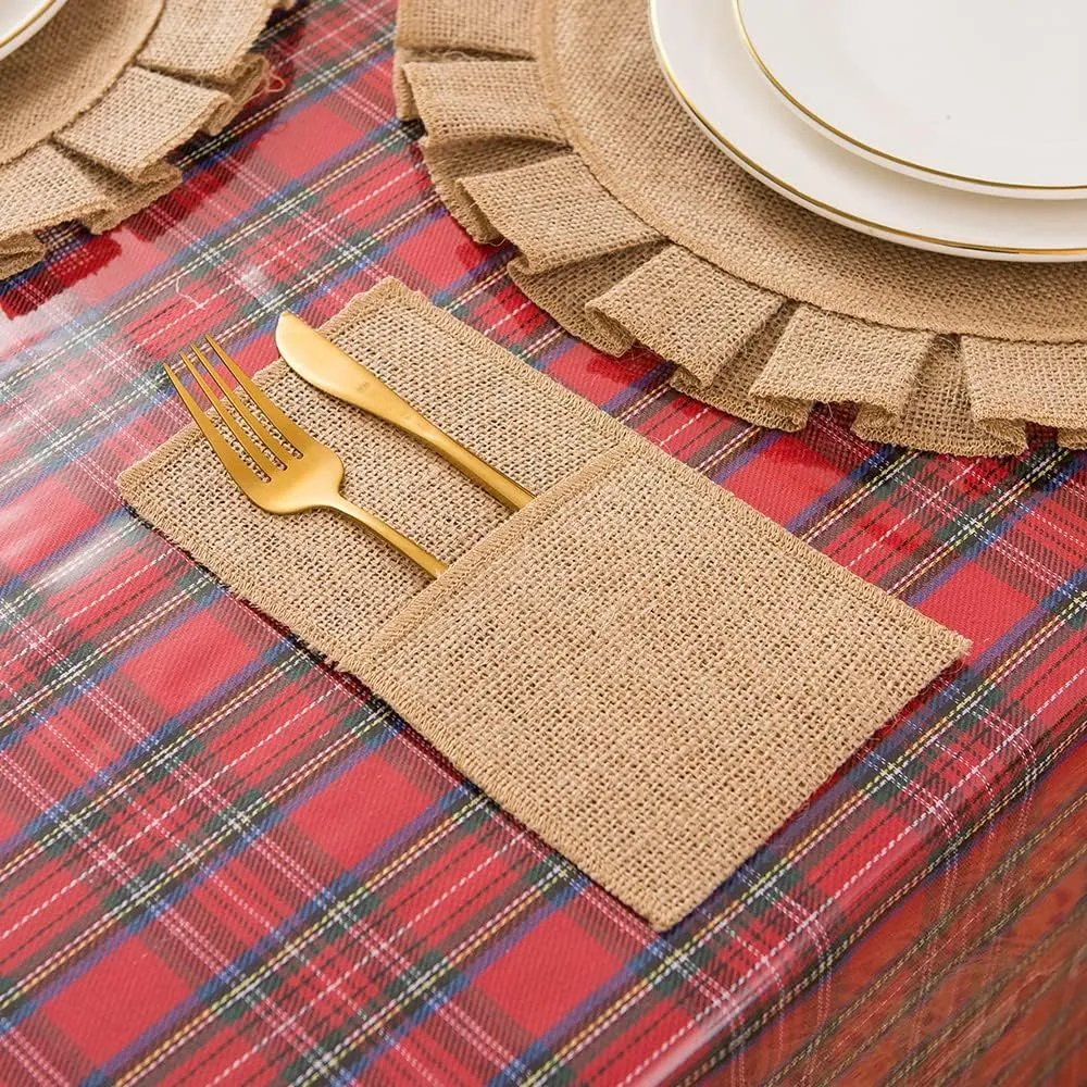 Natural Burlap Utensil Holder - Rustic Jute Utensil Organizer for Weddings, Picnics & Kitchen Reusable Cutlery Caddy with Pockets, Eco-Friendly Farmhouse Decor for Spoons, Forks, Cooking Tools