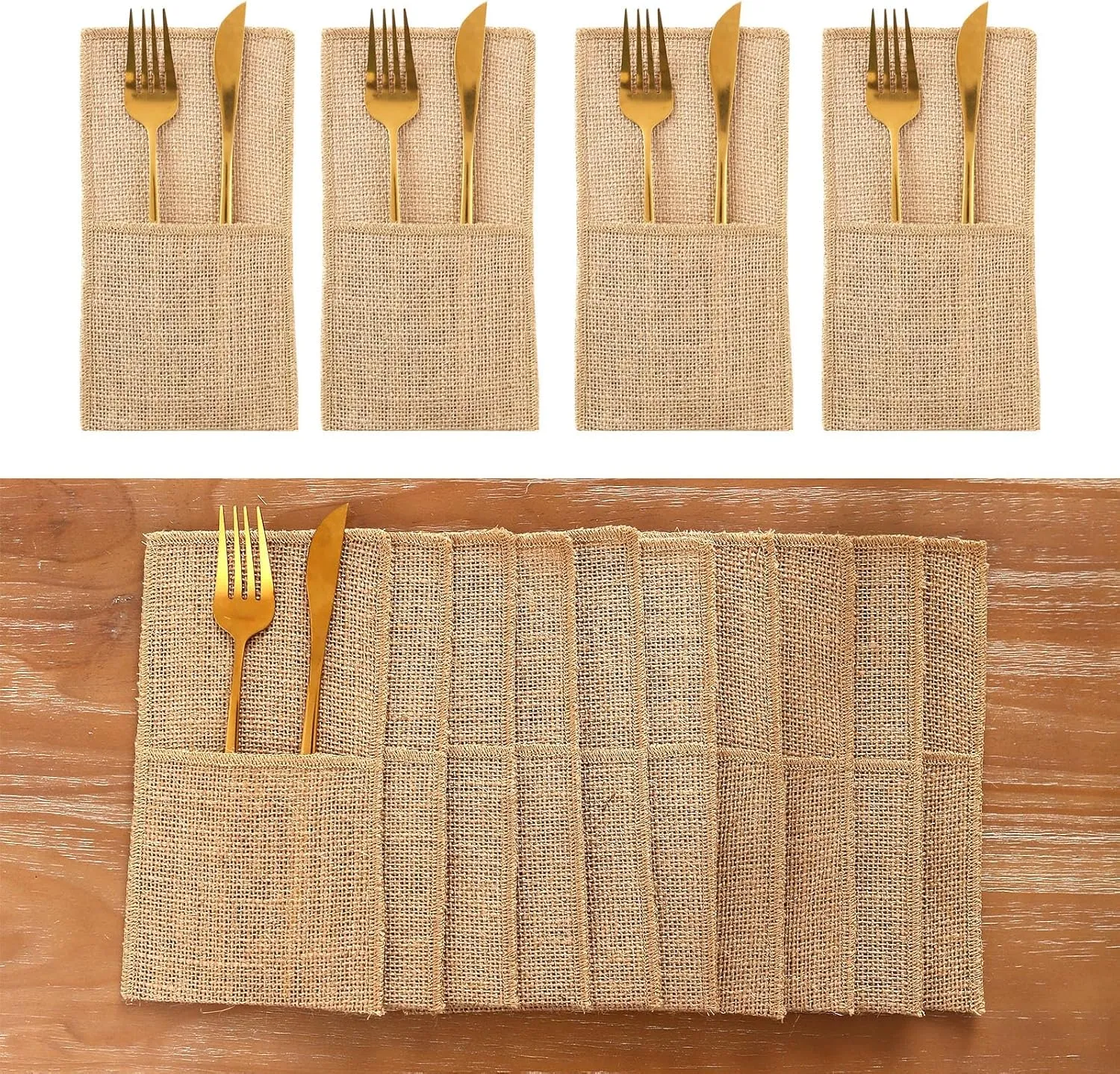 Natural Burlap Utensil Holder - Rustic Jute Utensil Organizer for Weddings, Picnics & Kitchen Reusable Cutlery Caddy with Pockets, Eco-Friendly Farmhouse Decor for Spoons, Forks, Cooking Tools