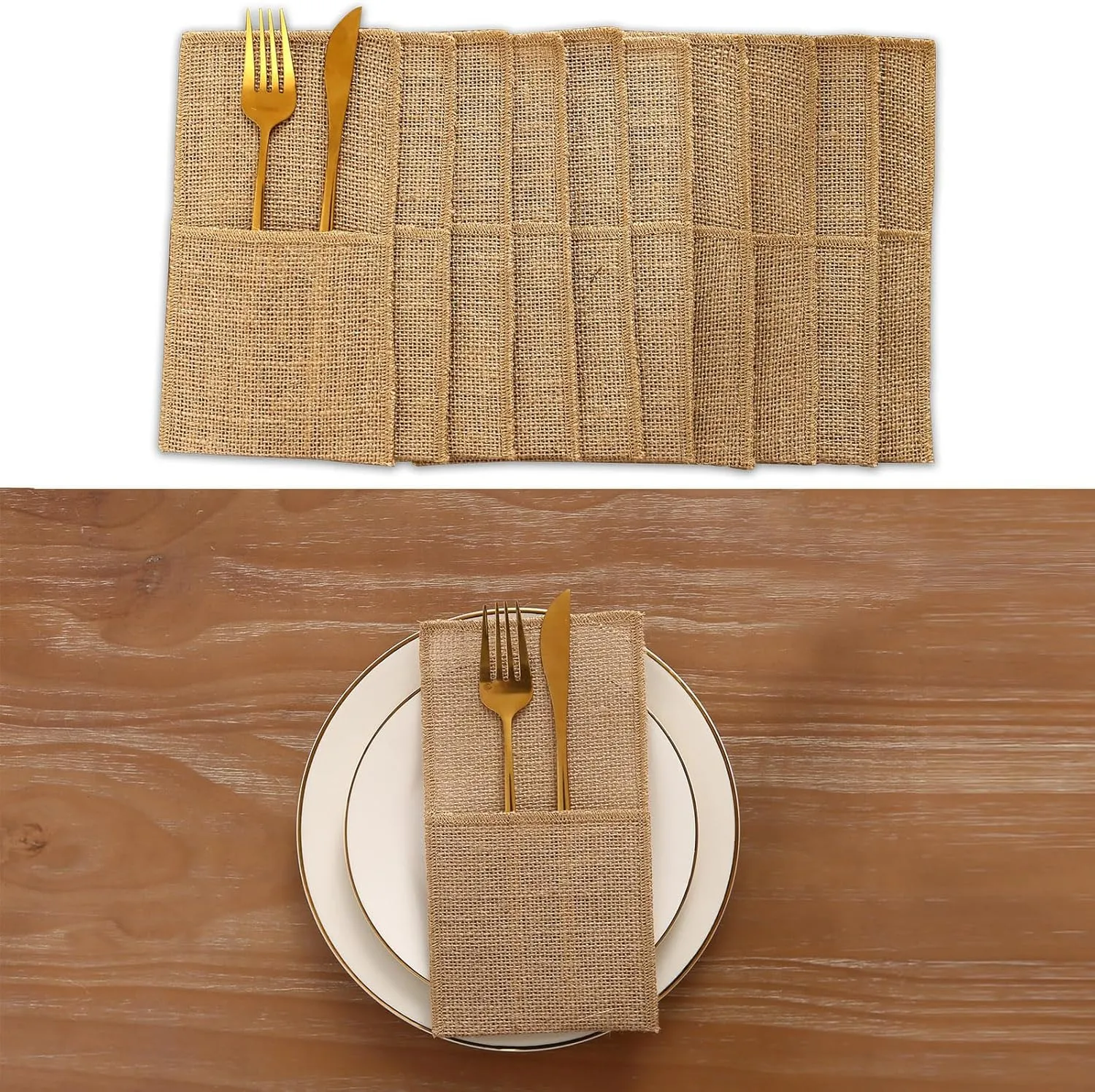 Natural Burlap Utensil Holder - Rustic Jute Utensil Organizer for Weddings, Picnics & Kitchen Reusable Cutlery Caddy with Pockets, Eco-Friendly Farmhouse Decor for Spoons, Forks, Cooking Tools