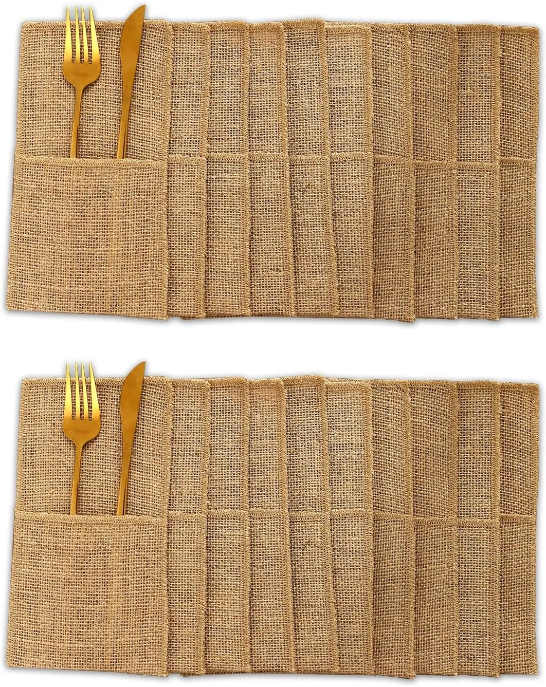 Natural Burlap Utensil Holder - Rustic Jute Utensil Organizer for Weddings, Picnics & Kitchen Reusable Cutlery Caddy with Pockets, Eco-Friendly Farmhouse Decor for Spoons, Forks, Cooking Tools