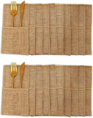 Natural Burlap Utensil Holder - Rustic Jute Utensil Organizer for Weddings, Picnics & Kitchen Reusable Cutlery Caddy with Pockets, Eco-Friendly Farmhouse Decor for Spoons, Forks, Cooking Tools