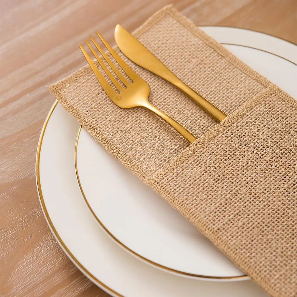 Natural Burlap Utensil Holder - Rustic Jute Utensil Organizer for Weddings, Picnics & Kitchen Reusable Cutlery Caddy with Pockets, Eco-Friendly Farmhouse Decor for Spoons, Forks, Cooking Tools