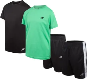 New Balance Boys' Active Shorts Set - 4 Piece Short Sleeve T-Shirt and Gym Shorts (8-20), Size 14/16, Green Apple Black