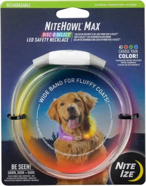 Nite Ize NiteHowl Max Rechargeable LED Safety Necklace - Dog Accessories for Long & Fluffy Coats - LED Glow Necklace for Dogs - Disc-O Select