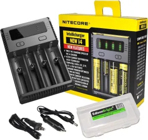 NITECORE New i4 2016 universal smart battery Charger with Ac and 12V DC (Car) power cords with EdisonBright BBX3 battery carry case