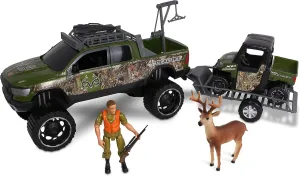 NKOK Realtree 1/18 Scale Free-Wheel Playsets 9-PC Set, RT Ram 1500 Rebel Polaris Ranger on Trailer & Accessories playset (Game Hoist, Roof Rack, Roll Bar, Buck, Hunter, Rifle, Rifle Case), Multi