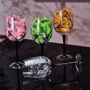 Pack of 4 Four Seasons Tree Wine Glasses Hand Painted Wine Glass with Stemmed Fall Leaves Flower Seasons Colored Wine Glasses for Home Office Decor Ornament Gifts