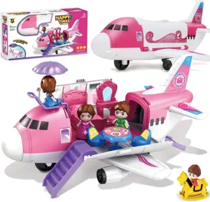 Pink Airplane Toy Private Jet Transport Cargo Vehicle - Big Large Aircraft Plane with Figures and Beauty Accessories Pretend Playset for Toddler Girls