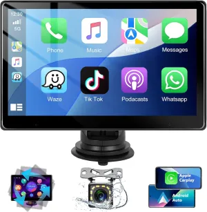 podofo Portable Car Stereo with Wireless Apple Carplay, 10.1" Touch Carplay Screen for Car Bluetooth Audio Receivers Smart Player with Android Auto Backup Camera, GPS Navigation, Mirror Link, AUX/FM