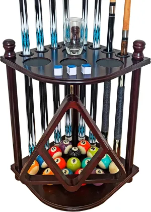 Pool Cue Rack Hold up to 8 Sticks & Billiard Accessories. Floor Stand Pool Cue Stick Holder Made of 100% Solid Hardwood.(Traditional Mahogany)