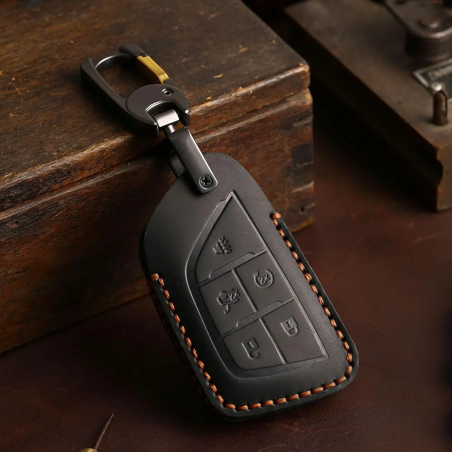 Premium Leather 5-Button Key Fob Cover Case for Cadillac Escalade CT4 CT5 Lyriq 2021-2025, for Cadillac XT4 XT5 2025 2024 (Black)