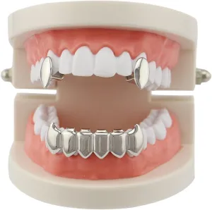 Psivika Gold Plated Shiny Hip Hop Teeth Grillz Caps Iced Out CZ Top and Bottom Vampire Fangs Grillz for Men and Women