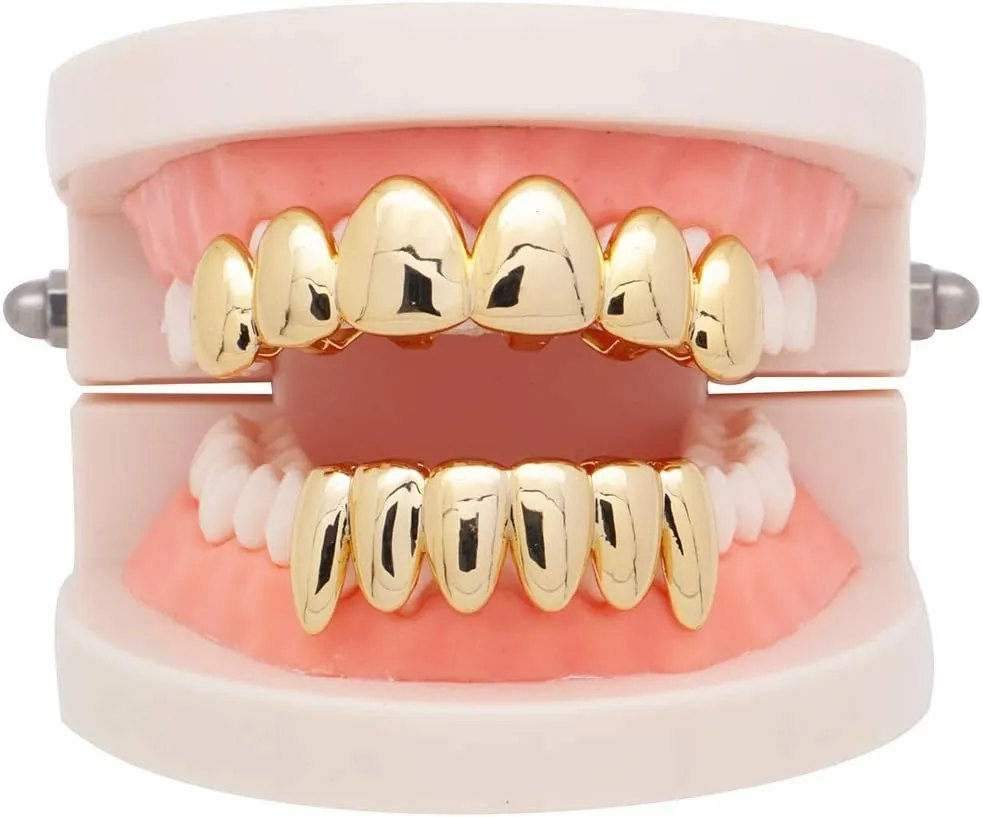 Psivika Gold Plated Shiny Hip Hop Teeth Grillz Caps Iced Out CZ Top and Bottom Vampire Fangs Grillz for Men and Women