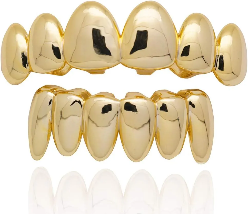 Psivika Gold Plated Shiny Hip Hop Teeth Grillz Caps Iced Out CZ Top and Bottom Vampire Fangs Grillz for Men and Women