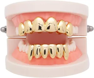 Psivika Gold Plated Shiny Hip Hop Teeth Grillz Caps Iced Out CZ Top and Bottom Vampire Fangs Grillz for Men and Women