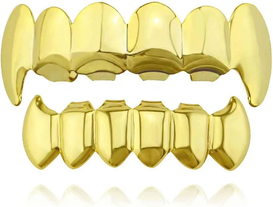 Psivika Gold Plated Shiny Hip Hop Teeth Grillz Caps Iced Out CZ Top and Bottom Vampire Fangs Grillz for Men and Women