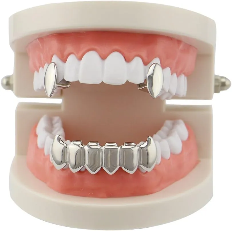 Psivika Gold Plated Shiny Hip Hop Teeth Grillz Caps Iced Out CZ Top and Bottom Vampire Fangs Grillz for Men and Women