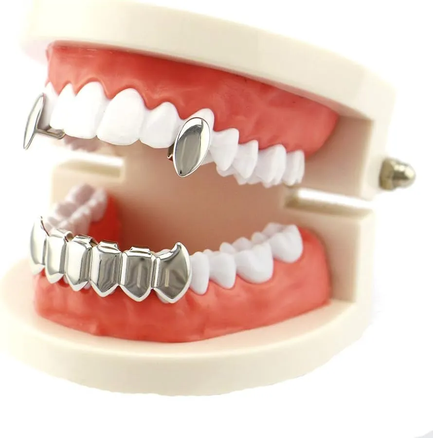 Psivika Gold Plated Shiny Hip Hop Teeth Grillz Caps Iced Out CZ Top and Bottom Vampire Fangs Grillz for Men and Women