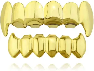 Psivika Gold Plated Shiny Hip Hop Teeth Grillz Caps Iced Out CZ Top and Bottom Vampire Fangs Grillz for Men and Women