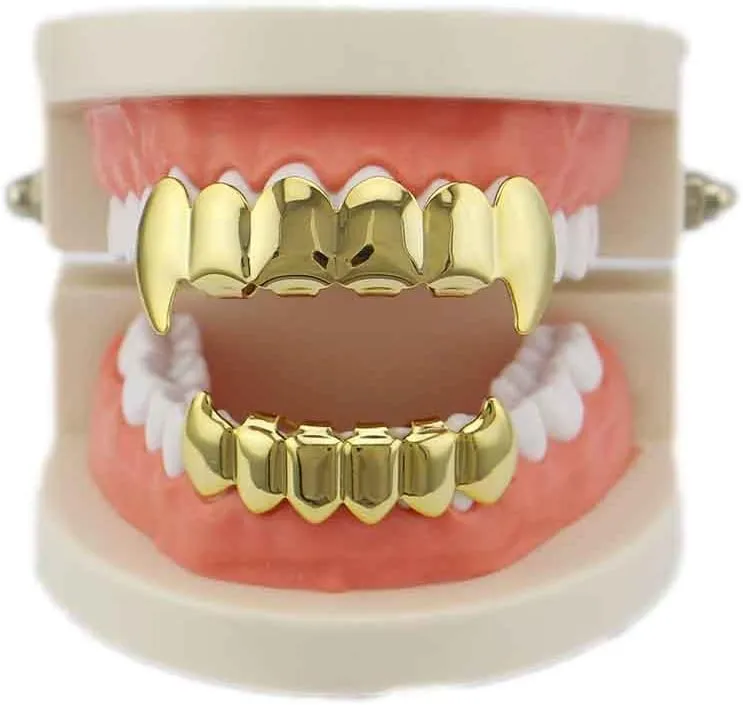 Psivika Gold Plated Shiny Hip Hop Teeth Grillz Caps Iced Out CZ Top and Bottom Vampire Fangs Grillz for Men and Women