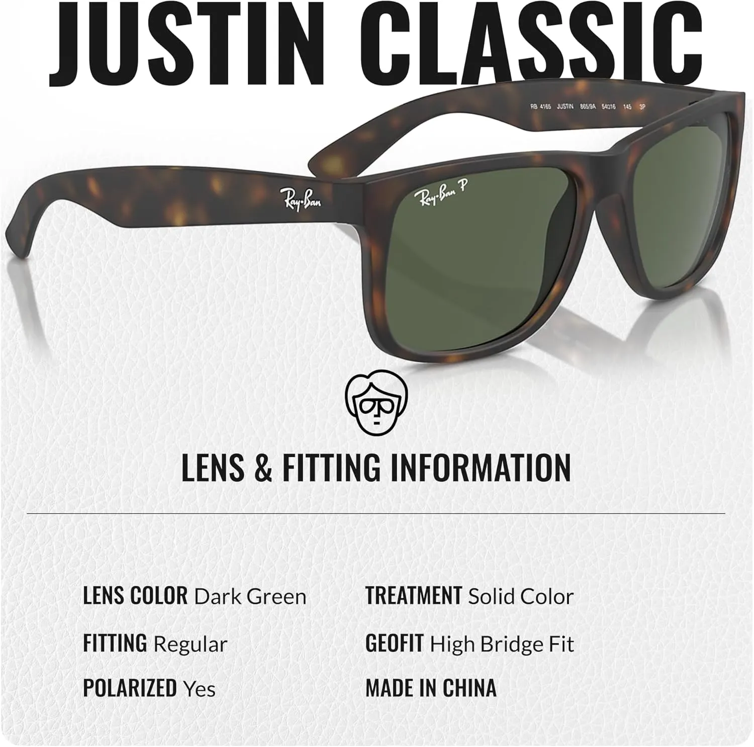Ray-Ban RB4165 JUSTIN Classic Square Shape Sunglasses With Eyewear Kit Bundle - High Bridge Fit - Square Sunglasses