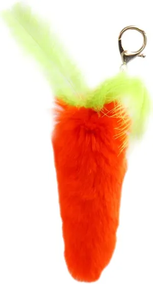 Real Rex Rabbit Fur Carrot Keychain - Pom-Pom Bag Purse Food Charm - Gold Ring Fluffy Fur Ball - Fashion Gift