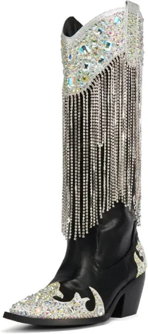 Rhinestone Fringe Cowboy Boots for Women, Sparkly Cowgirl Western Boots Pointed Toe Zipper Block Heel Mid Calf Dress Casual Party Festival Wedding Vacation Shopping Fashion Boots