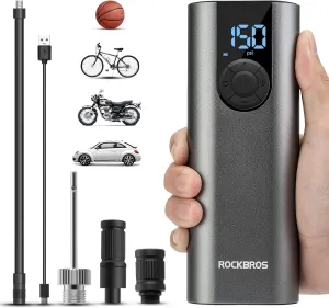 ROCKBROS Air Pump Portable Cordless Tire Inflator 150 PSI 2600mAh Battery Powered Air Compressor with Tire Pressure Gauge for Car,Bicycle, Motorcycle, Ball and More