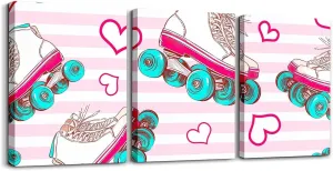 Roller Skates Canvas Wall Art,Kawaii Pink Hearts Striped Aesthetic Wall Hangings for Living Room,Girly Rolling Skating Sports Bathroom Canvas Wall Artwork Decor,Set of 3