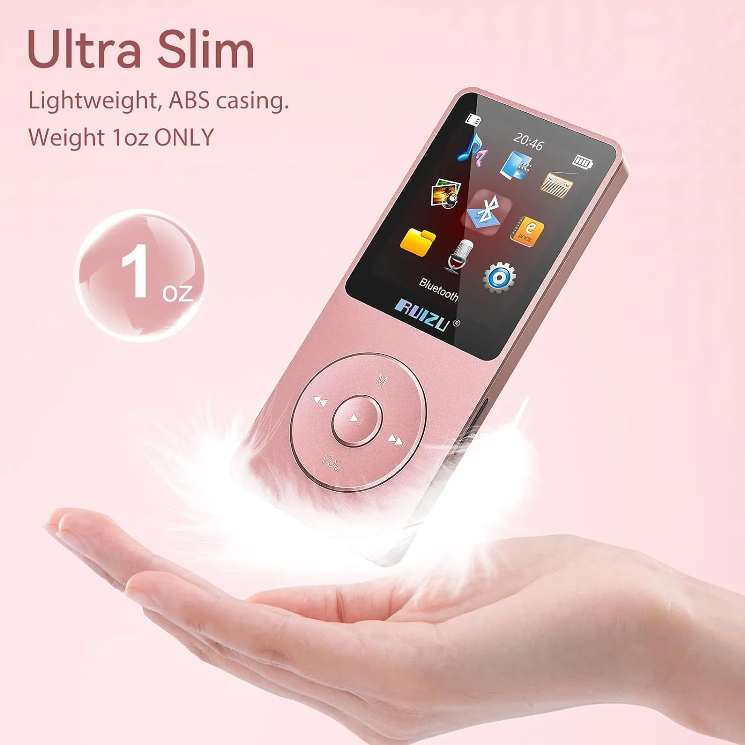RUIZU 64GB MP3 Player with Bluetooth 5.3, 1.8" Screen Portable Music Player, FM Radio, Voice Recording, EBook, Shuffle Single Loop, 80H Digital Audio Video Playback, Lightweight, Support 128GB TF Card