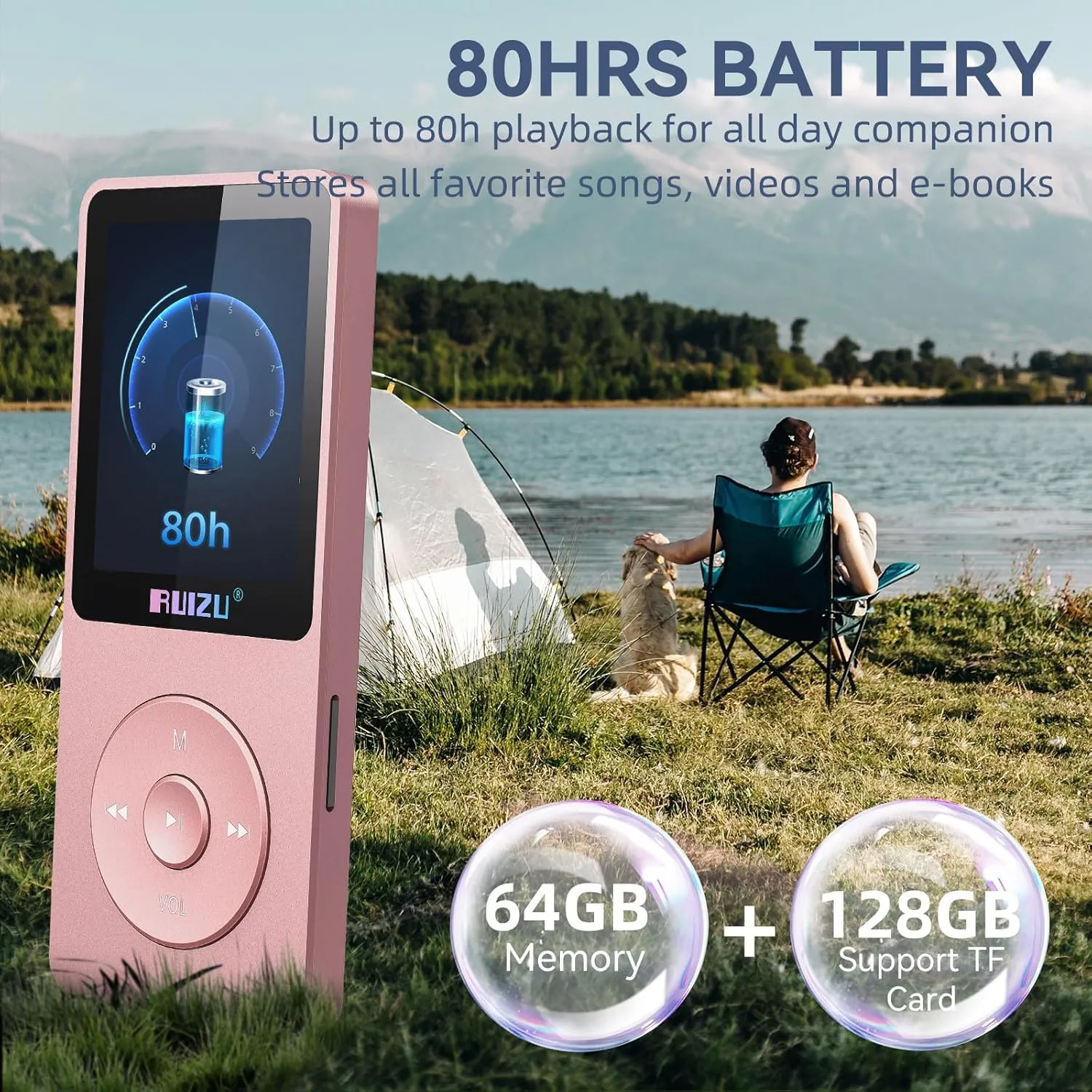 RUIZU 64GB MP3 Player with Bluetooth 5.3, 1.8" Screen Portable Music Player, FM Radio, Voice Recording, EBook, Shuffle Single Loop, 80H Digital Audio Video Playback, Lightweight, Support 128GB TF Card