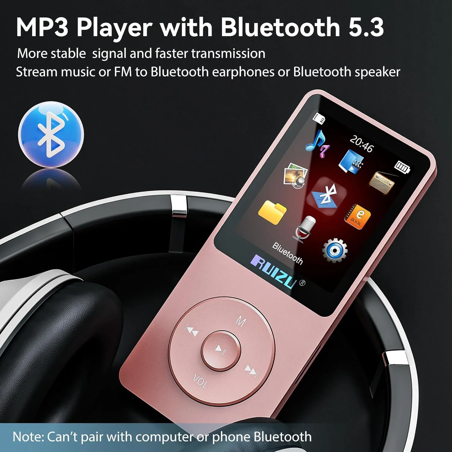 RUIZU 64GB MP3 Player with Bluetooth 5.3, 1.8" Screen Portable Music Player, FM Radio, Voice Recording, EBook, Shuffle Single Loop, 80H Digital Audio Video Playback, Lightweight, Support 128GB TF Card